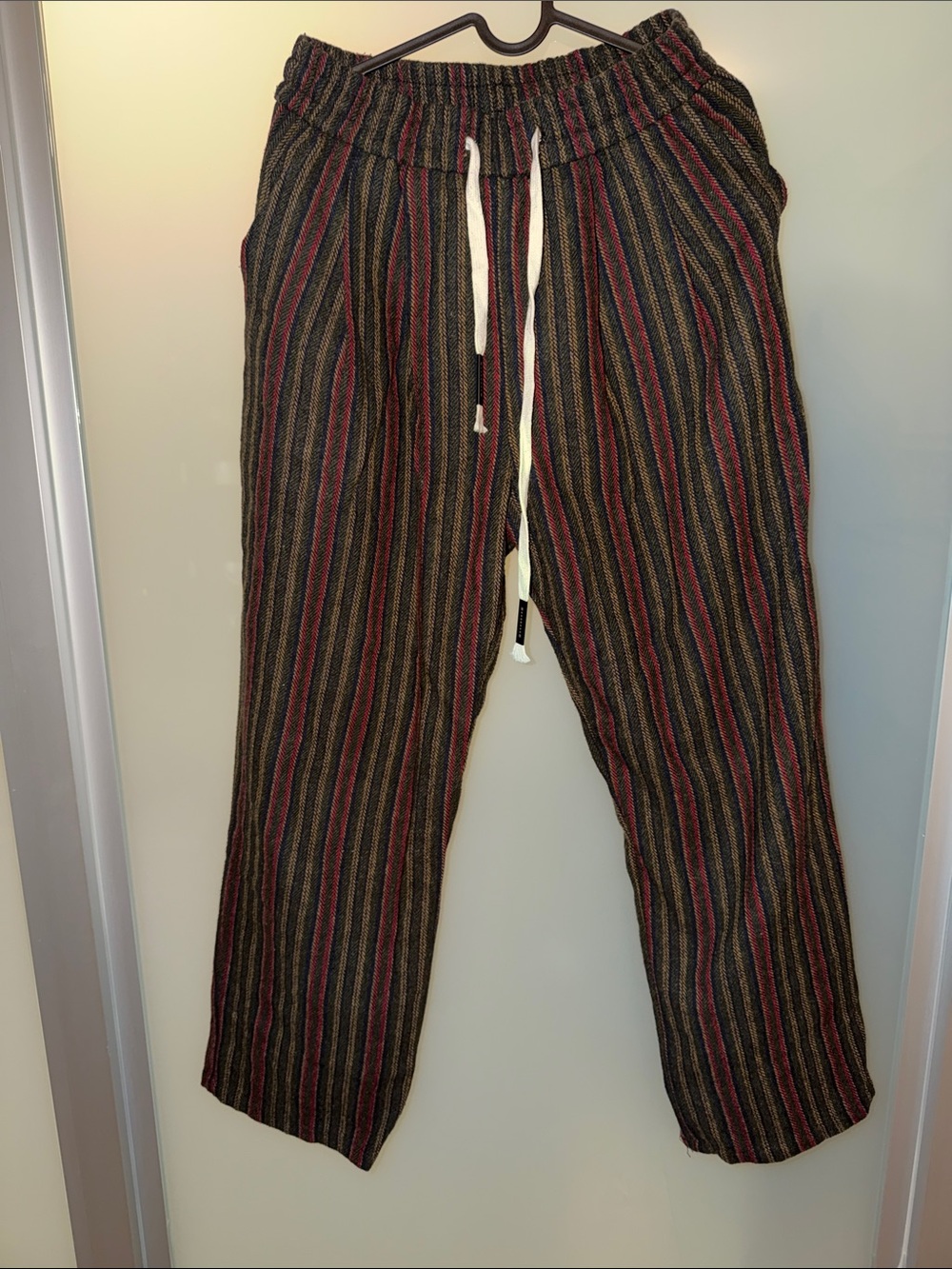 Men's Striped Drawstring Joggers in Black with Red & Brown Stripes